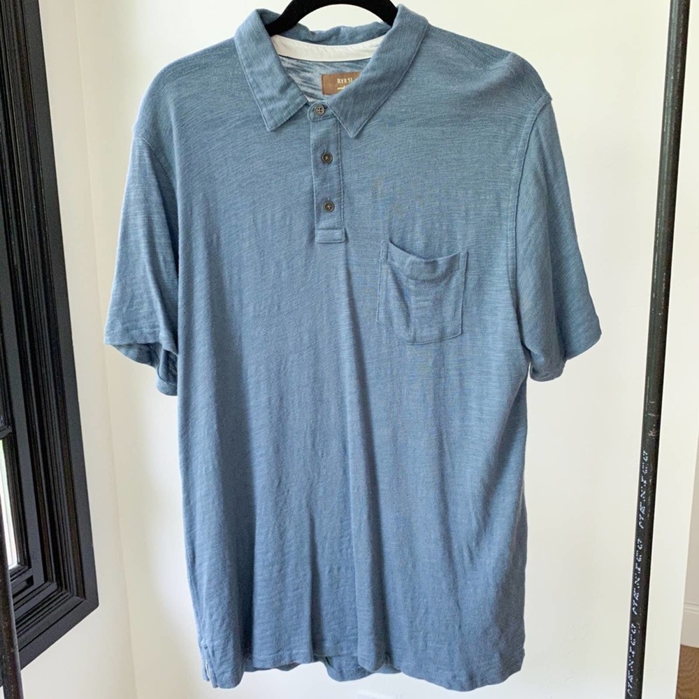 RYE 51 TEXTILE DISTILLERY Men's Blue Burnout Chest Pocket Small Batch Polo sz L